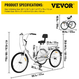 VEVOR Foldable Adult Tricycle 24'' 1 Speed Red White Green Blue 3-Wheel Folding Bike with Shopping Basket