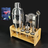 10Pcs/Set 750ml Cocktail Shaker With Wood Stand Bartender Bar Tools Shakers