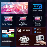 4K Portable Android Projector – 1080P HD, Auto Focus, Home & Outdoor Cinema