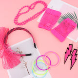 Retro Women's 80s Fancy Dress Accessories Set - Tutu Skirt, Neon Fishnet Gloves, Beaded Jewelry