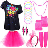 Retro Women's 80s Fancy Dress Accessories Set - Tutu Skirt, Neon Fishnet Gloves, Beaded Jewelry