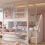 Pink Princess Storage Bunk Bed for Girls with Charming Guardrail