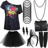 Retro Women's 80s Fancy Dress Accessories Set - Tutu Skirt, Neon Fishnet Gloves, Beaded Jewelry