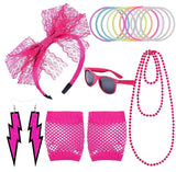 Retro Women's 80s Fancy Dress Accessories Set - Tutu Skirt, Neon Fishnet Gloves, Beaded Jewelry