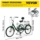 VEVOR Foldable Adult Tricycle 24'' 1 Speed Red White Green Blue 3-Wheel Folding Bike with Shopping Basket