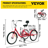 VEVOR Foldable Adult Tricycle 24'' 1 Speed Red White Green Blue 3-Wheel Folding Bike with Shopping Basket