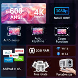 4K Portable Android Projector – 1080P HD, Auto Focus, Home & Outdoor Cinema