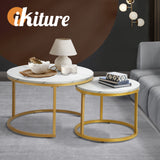 Oikiture Set of 2 Coffee Table Round Marble Nesting Side End Table Furniture
