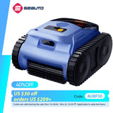 Seauto Cordless Robotic Pool Vacuum with Track Drive & Sonar Navigation, 180W Brushless Motor, Wall Climbing, 150-Min Runtime.