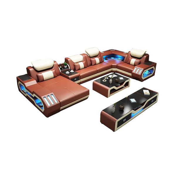 MANBAS Luxury Living Room Sofa Italian Genuine Leather Couch with Bluetooth Speaker, USB and LED Light + Coffee Table, TV Stand