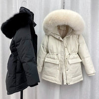 HWL 2023 Cotton Padded Fur Parka New Big Fur Collar Down Winter Jacket Women Thick Warm Parkas Female Outerwear