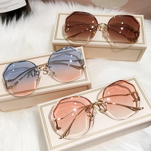 Luxury Round Gradient Sunglasses Women Metal Curved Temples Eyewear Ocean Rimless Fashion Sun Glasses Ladies UV400