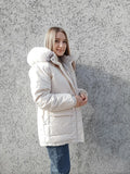 HWL 2023 Cotton Padded Fur Parka New Big Fur Collar Down Winter Jacket Women Thick Warm Parkas Female Outerwear