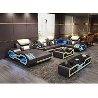 MANBAS Luxury Living Room Sofa Italian Genuine Leather Couch with Bluetooth Speaker, USB and LED Light + Coffee Table, TV Stand