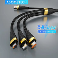 ASOMETECH 3 in 1 USB Charge Cable 6A 100W for Huawei/Honor Portable Micro USB TypeC Cable Charging Cable For iPhone 14 Samsung