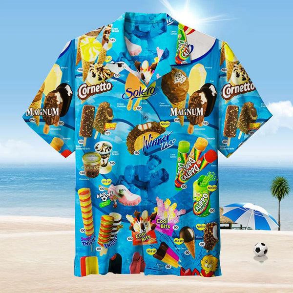 Men’s Hawaiian Ice Cream Print Short Sleeve Shirt – Summer Beach Casual Tee