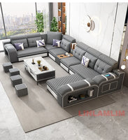 MINGDIBAO Modern U-Shaped Fabric Sectional Sofa with Speaker, Adjustable Headrests,USB Charging - Comfortable Quilted Upholstery