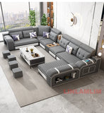 MINGDIBAO Modern U-Shaped Fabric Sectional Sofa with Speaker, Adjustable Headrests,USB Charging - Comfortable Quilted Upholstery