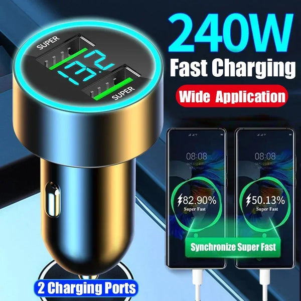 240W Dual USB Fast Car Charger with Digital Display – Quick Charge for iPhone & Samsung