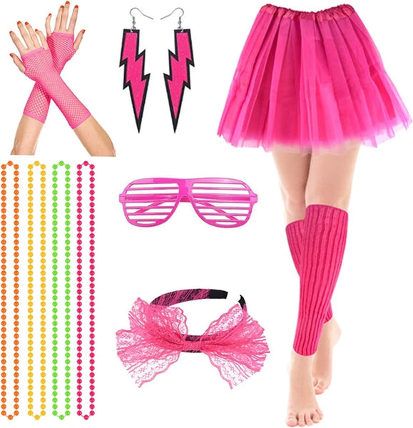 Leg Warmers Fishnet Pink Gloves Neon Necklaces Bead 80s Lace Bow Headband Lighting Earrings Sunglasses,1980s Fancy Party