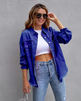2023 Holes Raw-edges Denim Jacket Women Spring Autumn Shirt Style Jeancoat Casual Top Rose-Red Orange Purple Outerwear Lady Coat