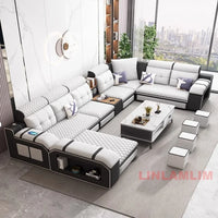 MINGDIBAO Modern U-Shaped Fabric Sectional Sofa with Speaker, Adjustable Headrests,USB Charging - Comfortable Quilted Upholstery