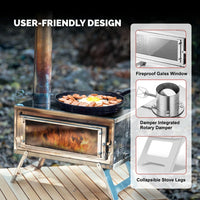 Wood Stove with Secondary Combustion - Compact Assembly - Heat Resistant Glass Window - Outdoor Camping Stove