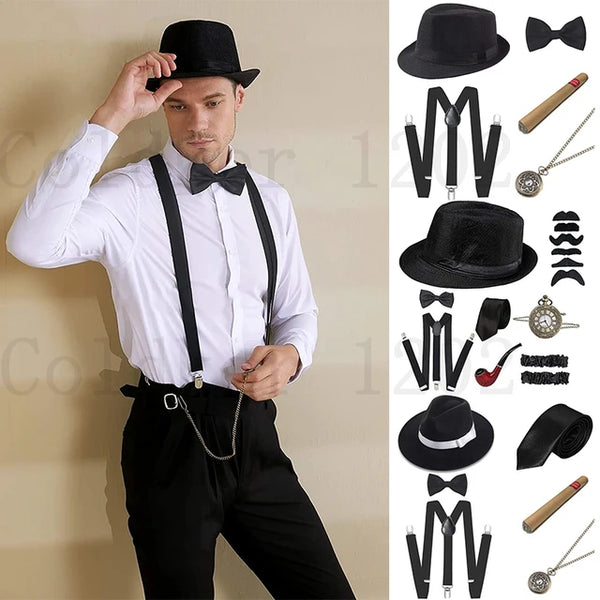 1920s Mens Gatsby Gangster Accessories Set Panama Hat Suspender Bow Tie 20s Great Gatsby Accessories