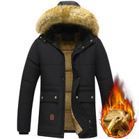 New Men Winter Parka Fleece Lined Thick Warm Hooded Fur Collar Coat Male Size 5XL Plush Jacket Autumn Work Outwearing Black