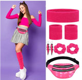 80's Women Retro Costume Set Women's 80s Leggings Fishnet Neon Shirt with Leg Warmers Gloves Necklace Bracelets Headband