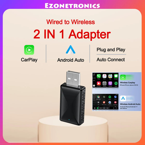 2-in-1 Wired to Wireless CarPlay & Android Auto Adapter – USB Plug & Play for OEM Stereos