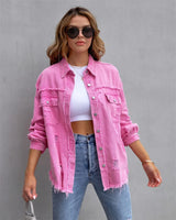 2023 Holes Raw-edges Denim Jacket Women Spring Autumn Shirt Style Jeancoat Casual Top Rose-Red Orange Purple Outerwear Lady Coat