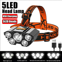 Super Bright 5 LED Head Flashlight USB Rechargeable HeadLamp Outdoor Powerful Waterproof Camping Fishing Adventure Head Lantern