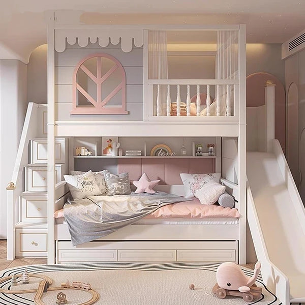 Pink Princess Storage Bunk Bed for Girls with Charming Guardrail