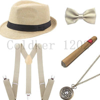 1920s Mens Gatsby Gangster Accessories Set Panama Hat Suspender Bow Tie 20s Great Gatsby Accessories