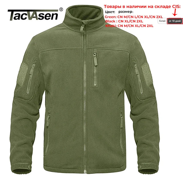 TACVASEN Full Zip Up Tactical Green Fleece Jacket Thermal Warm Work Coats Mens Pockets Safari Jacket Hiking Outwear Windbreaker