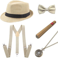 1920s Mens Gatsby Gangster Accessories Set Panama Hat Suspender Bow Tie 20s Great Gatsby Accessories