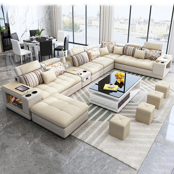 MINGDIBAO Bluetooth Sectional Sofa Bed Sets Big U Shape Corner Cloth Couch with Speaker Sound System for Living Room Furniture