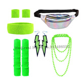 Women's 1980s Disco Party Costume Neon Accessories Yoga Headband Laser Bag Earring Suit 80s Outfit For Hen Masquerade
