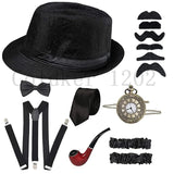 1920s Mens Gatsby Gangster Accessories Set Panama Hat Suspender Bow Tie 20s Great Gatsby Accessories