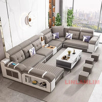 MINGDIBAO Modern U-Shaped Fabric Sectional Sofa with Speaker, Adjustable Headrests,USB Charging - Comfortable Quilted Upholstery