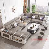 MINGDIBAO Modern U-Shaped Fabric Sectional Sofa with Speaker, Adjustable Headrests,USB Charging - Comfortable Quilted Upholstery