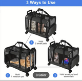 Double-Compartment Pet Rolling Carrier Cat Dog Rolling Carrier with Detachable Wheels Telescopic Handle Adjustable Shoulder Strap