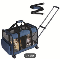 Double-Compartment Pet Rolling Carrier Cat Dog Rolling Carrier with Detachable Wheels Telescopic Handle Adjustable Shoulder Strap