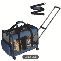 Double-Compartment Pet Rolling Carrier Cat Dog Rolling Carrier with Detachable Wheels Telescopic Handle Adjustable Shoulder Strap