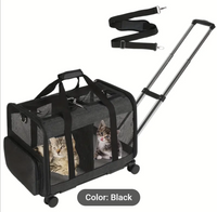 Double-Compartment Pet Rolling Carrier Cat Dog Rolling Carrier with Detachable Wheels Telescopic Handle Adjustable Shoulder Strap