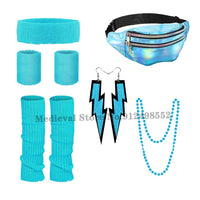 Women's 1980s Disco Party Costume Neon Accessories Yoga Headband Laser Bag Earring Suit 80s Outfit For Hen Masquerade