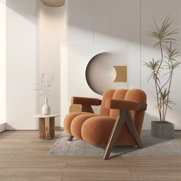 Nordic Wooden Armchair – Cozy Fabric Seat for Living Room, Balcony & Lounge