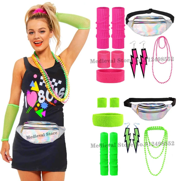 Women's 80s Disco Party Costume Set - Neon Accessories, Headband, Bag, Earrings