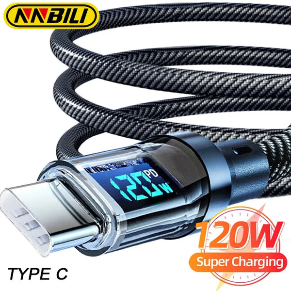NNBILI 120W Type-C to Type-C Fast Charging Cable with LED Display – USB Data Cord for Huawei, Oppo, Vivo